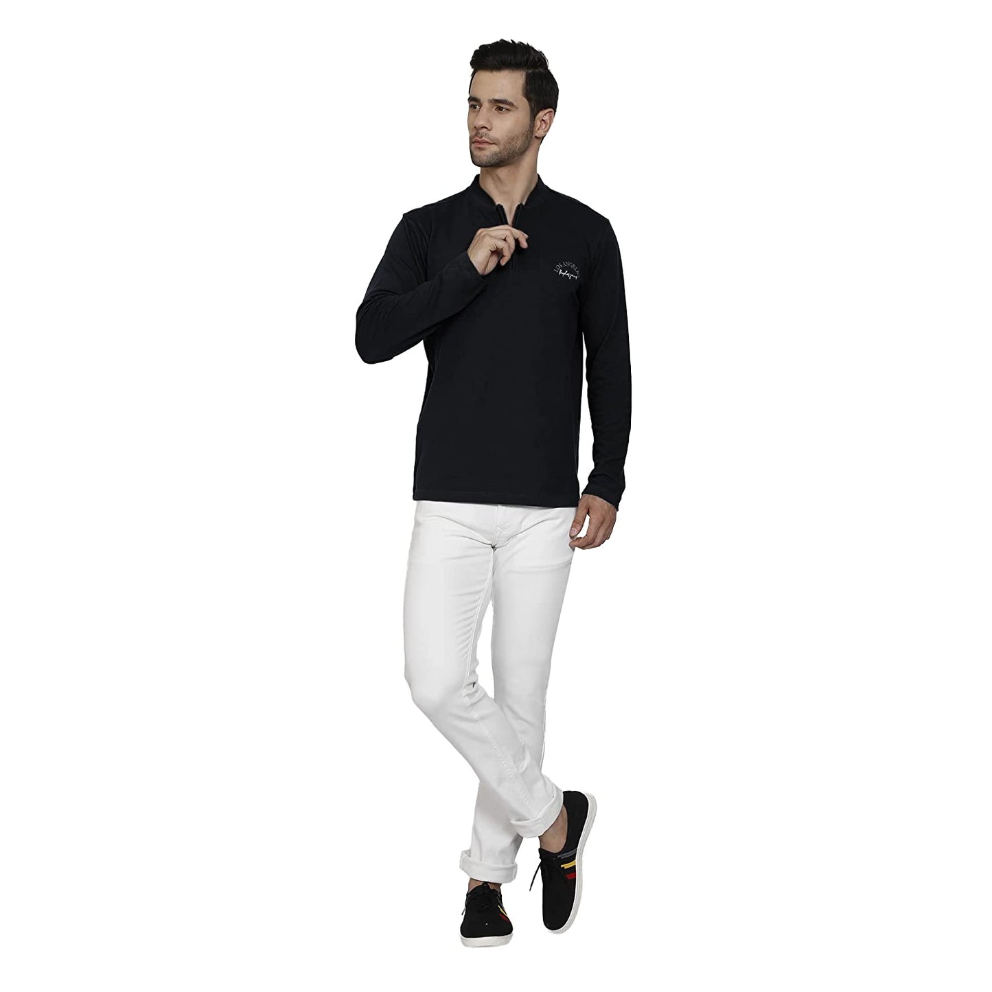 Regular Fit Black Polo Neck with Zip Closer Premium Full Sleeve T-Shirt for Men