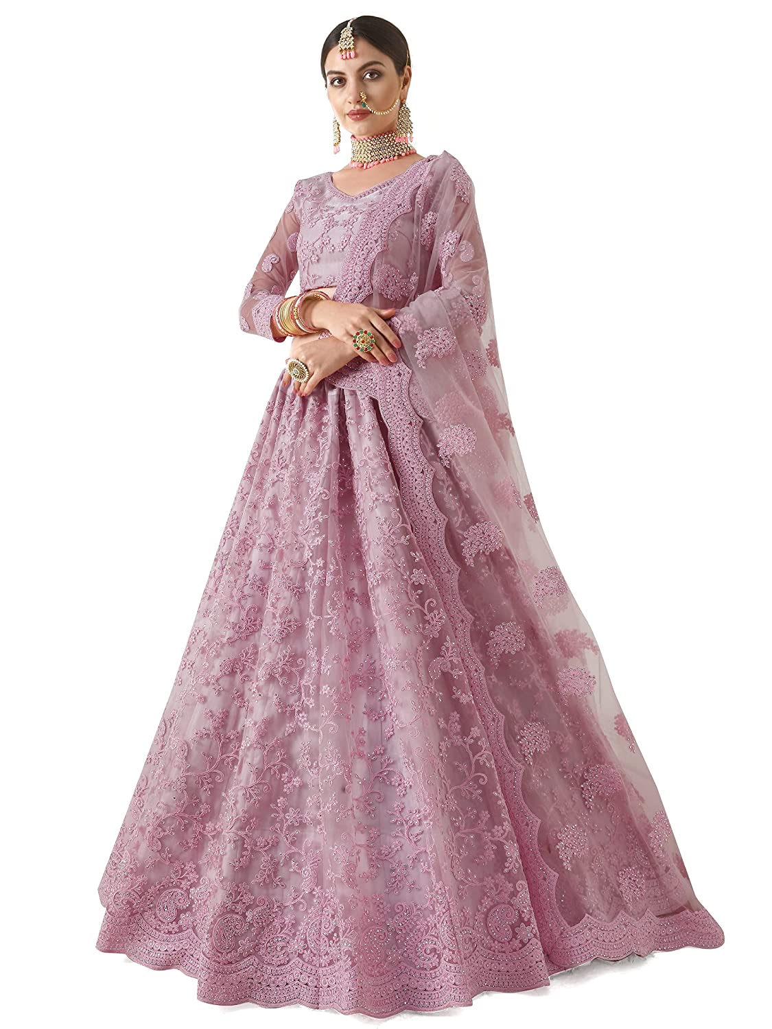 Women's Chain Stitch Semi Stitched Net Lehenga Choli (Rose Pink-Free Size)