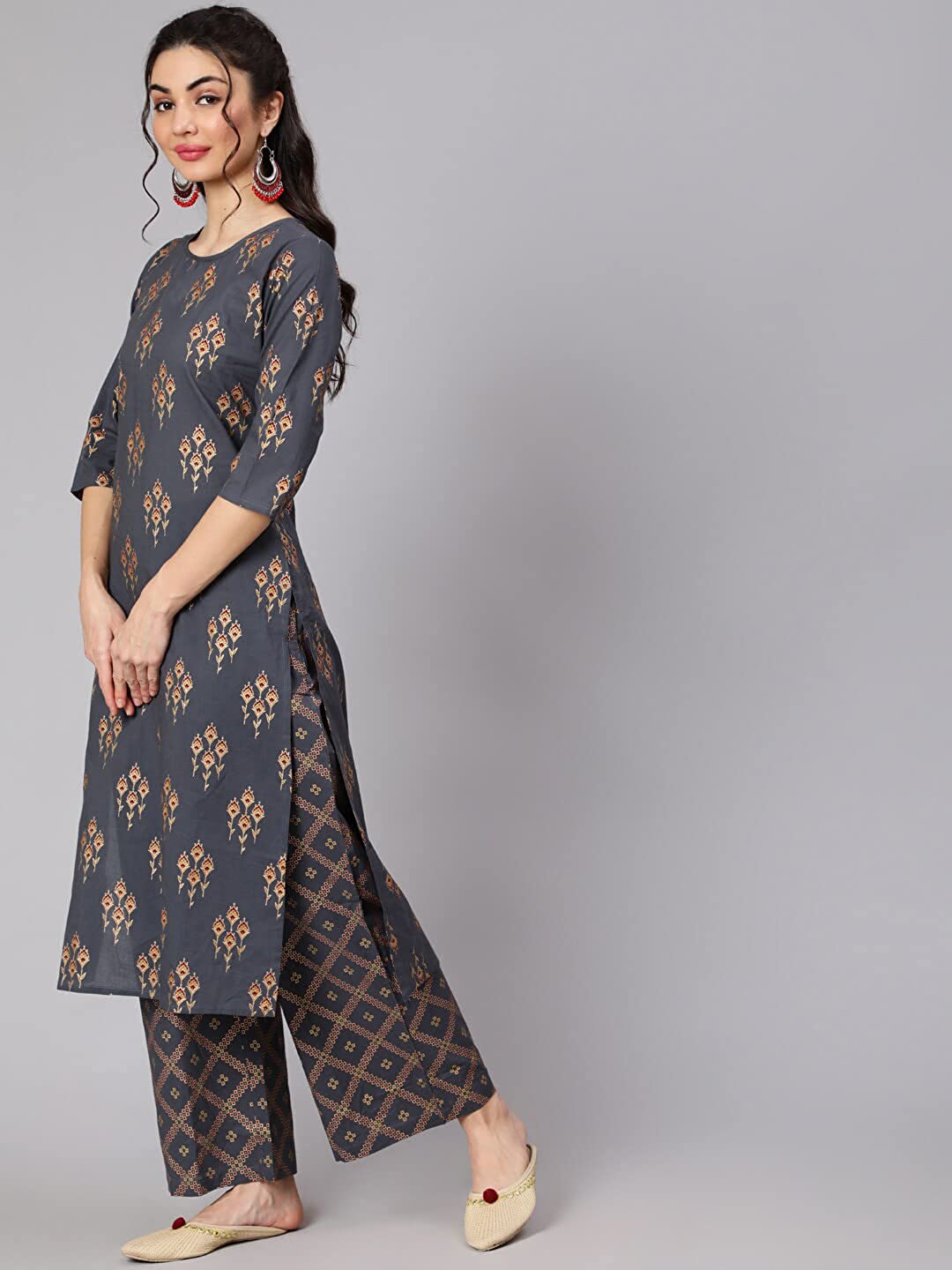 Women's Cotton Printed Straight Kurta with Palazzo Pants & Dupatta Set