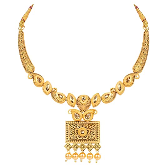 Antique Gold Plated Handcrafted Polki Traditional Necklace Set with Earrings & Maang Tikka for Women