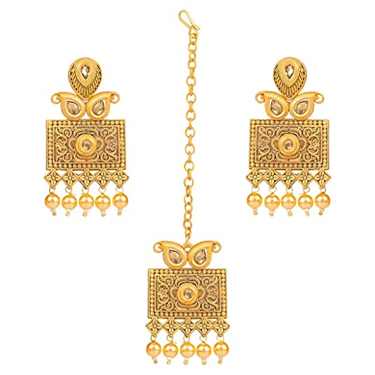 Antique Gold Plated Handcrafted Polki Traditional Necklace Set with Earrings & Maang Tikka for Women