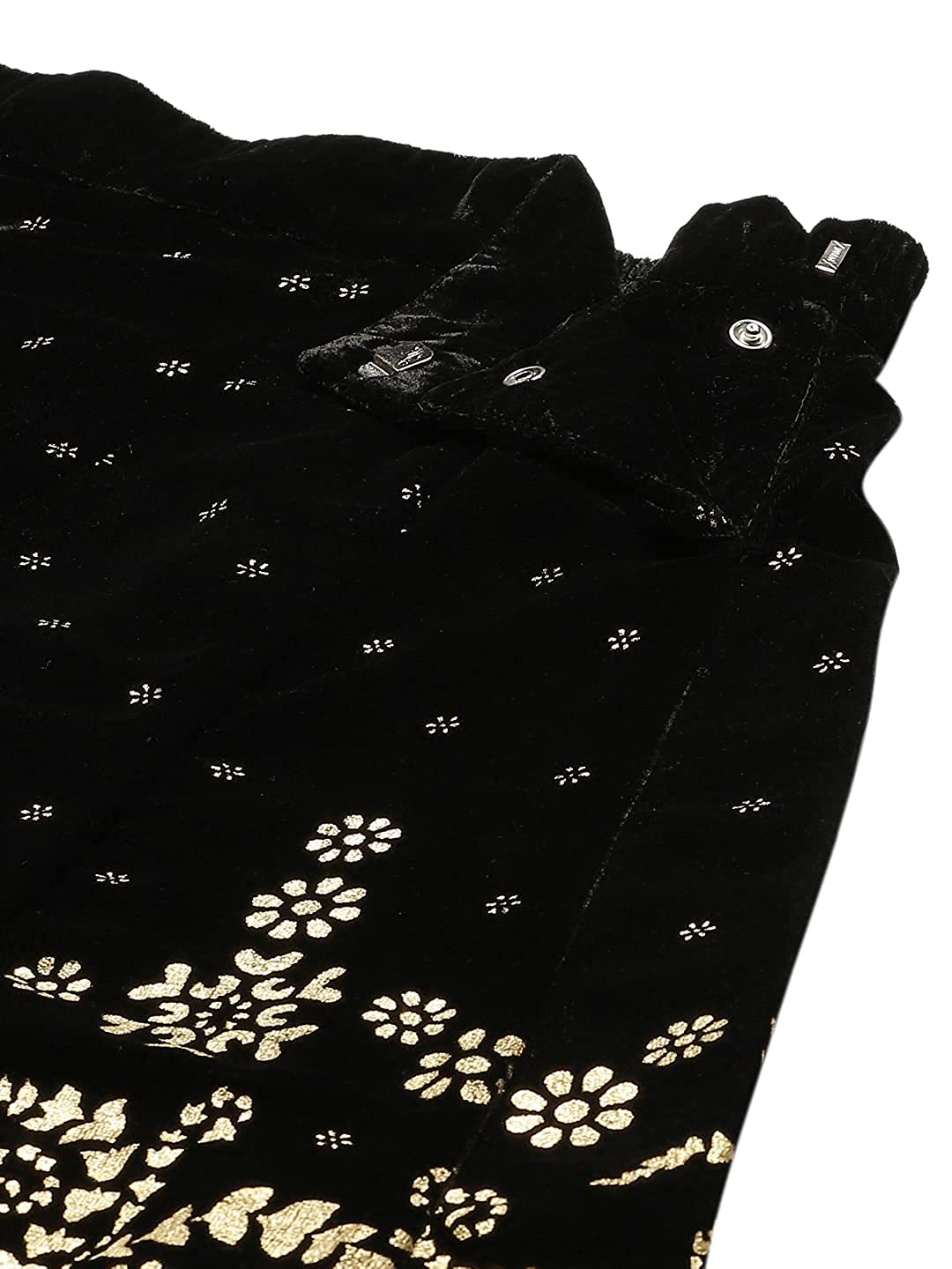 Black Velvet Gold Foil Print Lehenga Choli Dupatta Set with Cuffed Sleeves