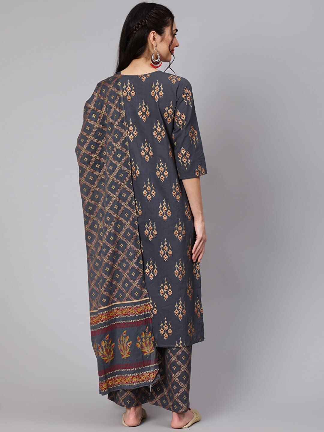 Women's Cotton Printed Straight Kurta with Palazzo Pants & Dupatta Set