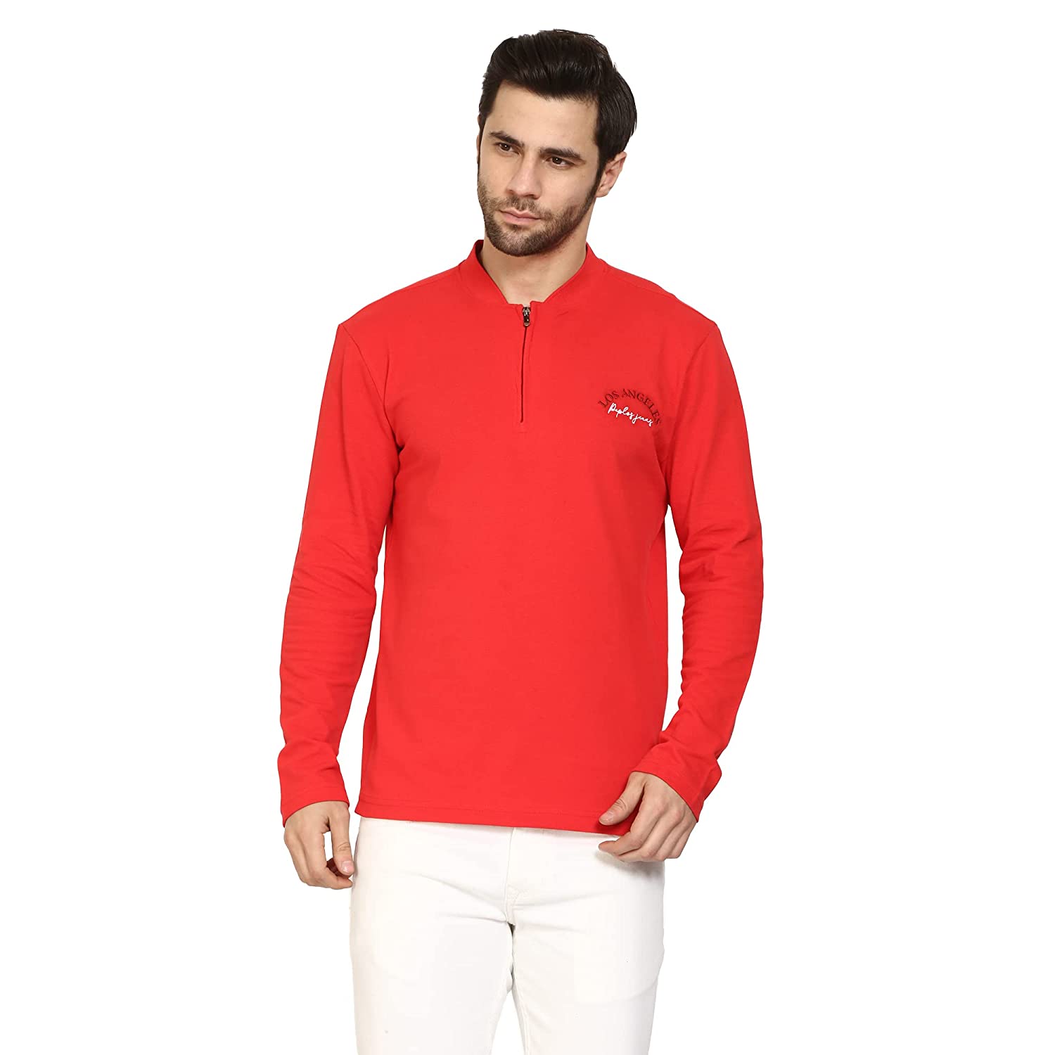 Regular Fit Red Polo Neck with Zip Closer Premium Full Sleeve T-Shirt for Men