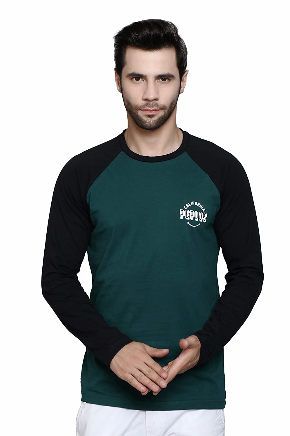 Regular Fit Green Black Color Raglan Full Sleeve Premium Class Cotton T-Shirt for Men