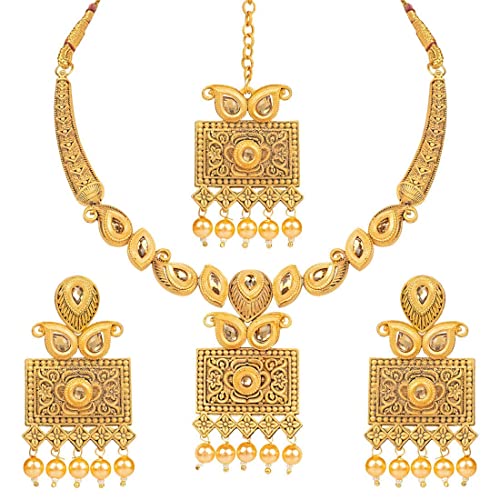 Antique Gold Plated Handcrafted Polki Traditional Necklace Set with Earrings & Maang Tikka for Women