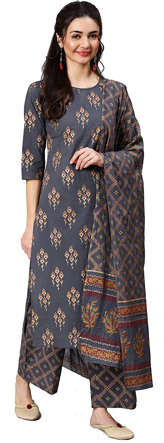 Women's Cotton Printed Straight Kurta with Palazzo Pants & Dupatta Set