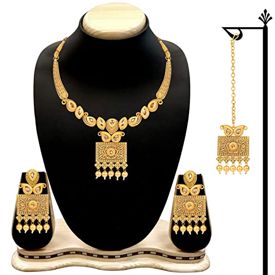 Antique Gold Plated Handcrafted Polki Traditional Necklace Set with Earrings & Maang Tikka for Women