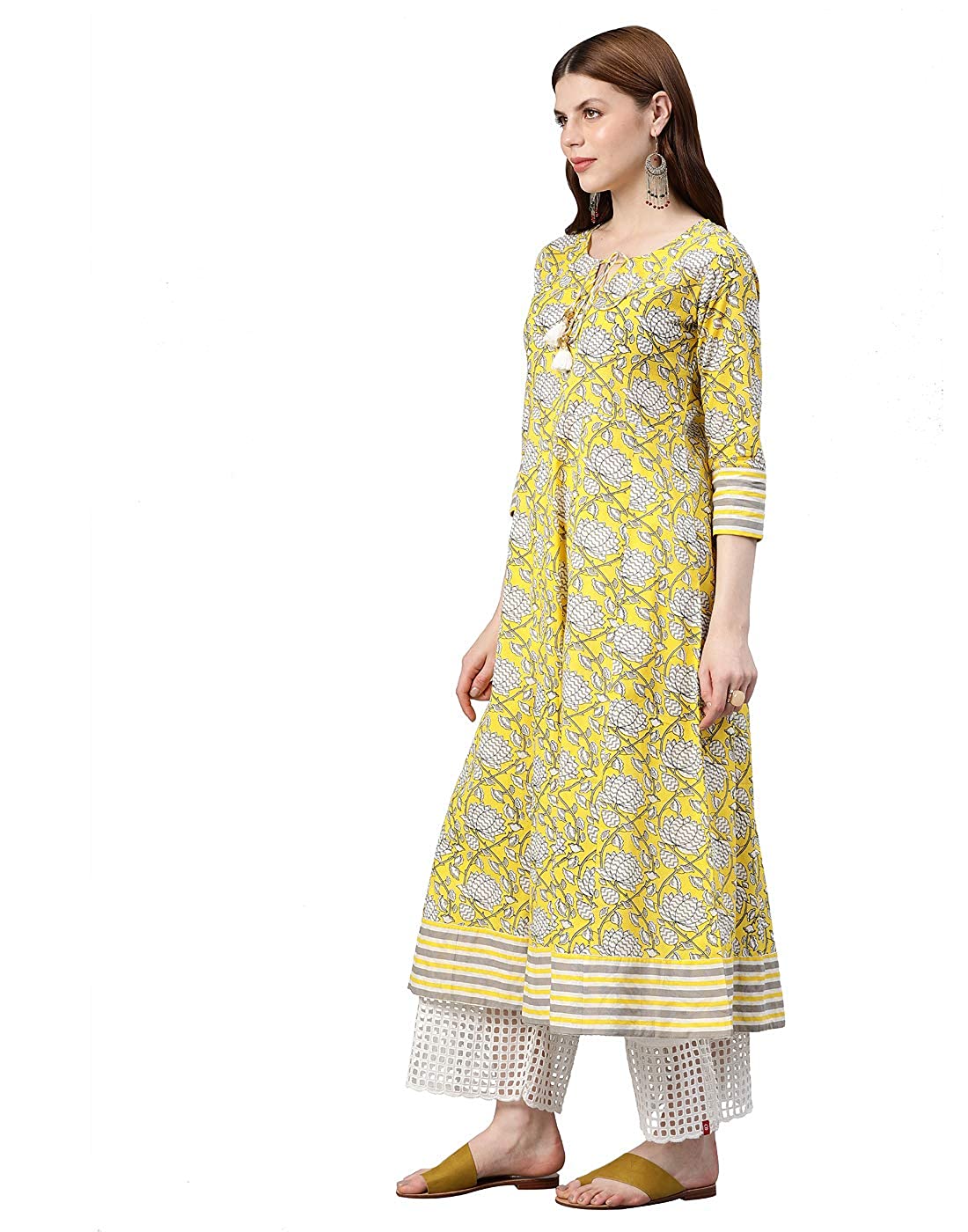 Women's Cambric Cotton Floral Printed Anarkali Kurta (Lemon Yellow)