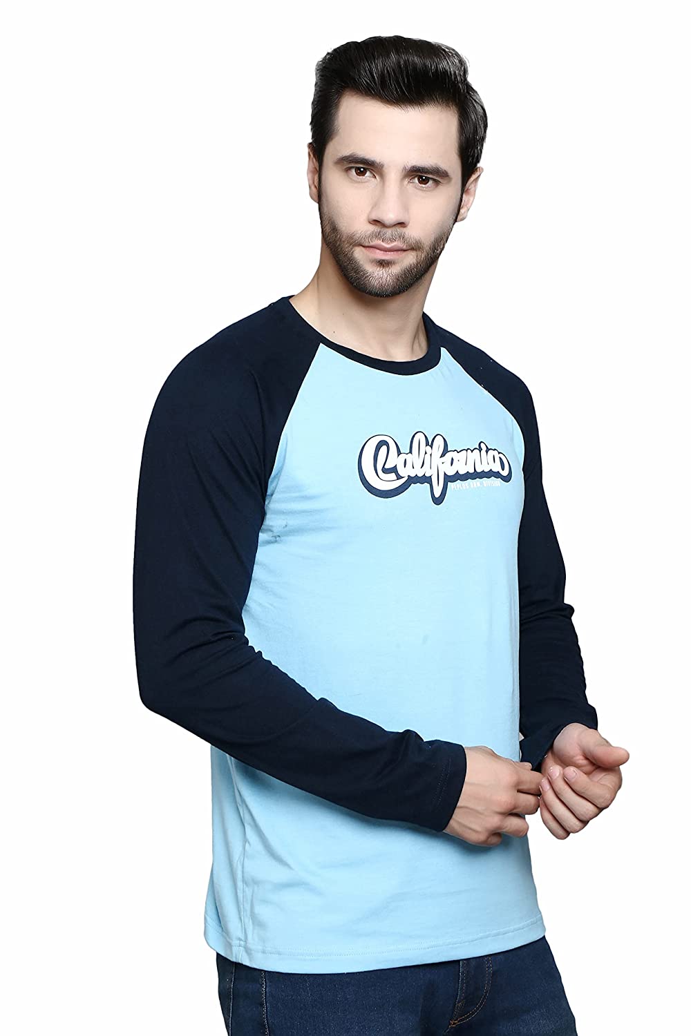 Regular Fit Sky + Navy Blue Color Raglan Full Sleeve Premium Class Cotton T-Shirt for Men