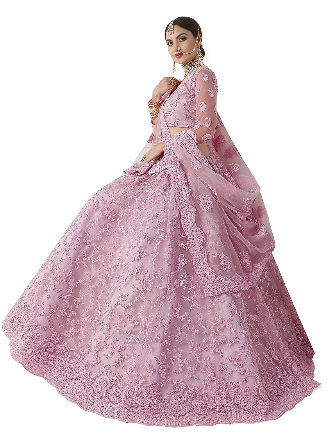 Women's Chain Stitch Semi Stitched Net Lehenga Choli (Rose Pink-Free Size)