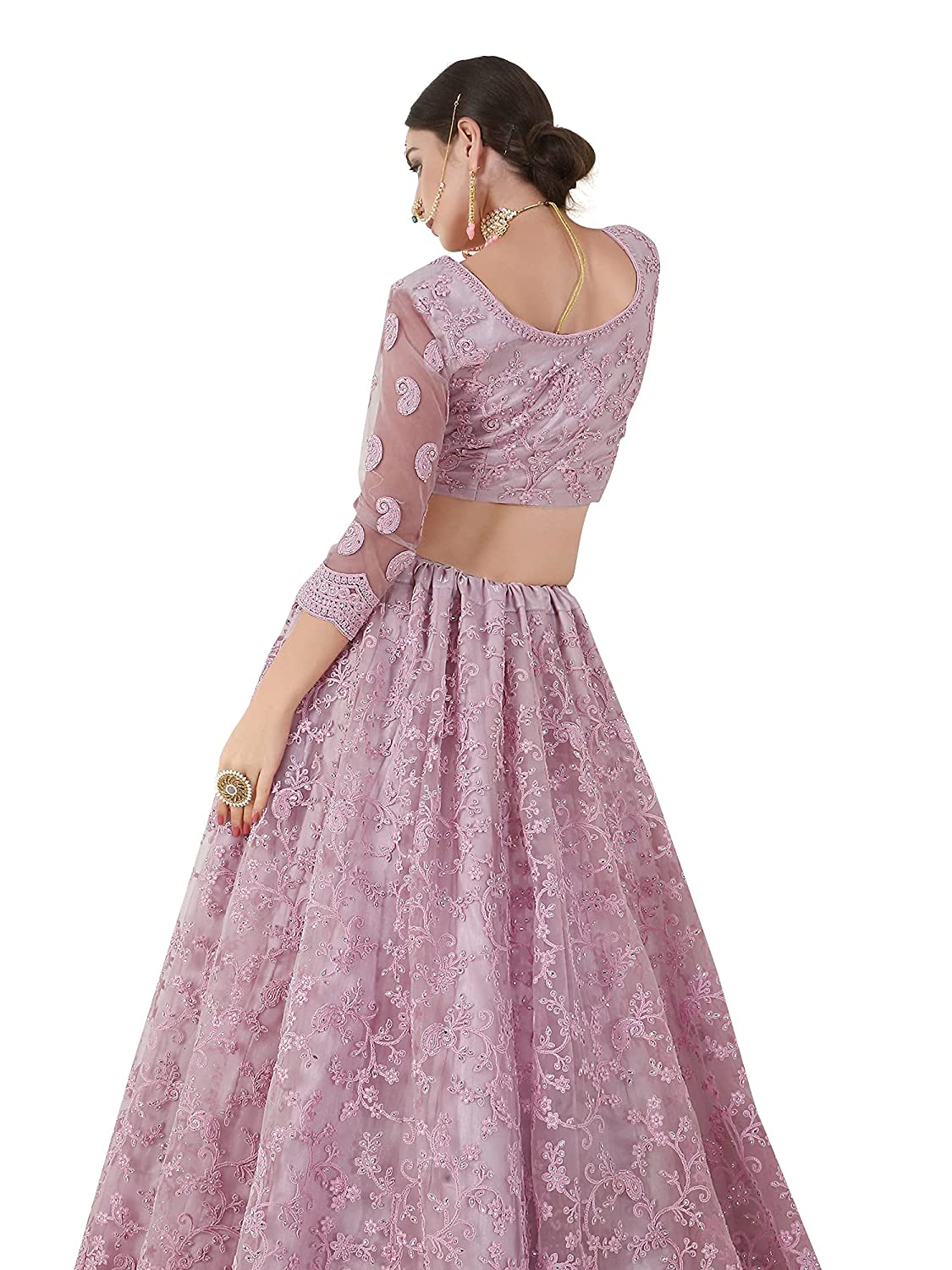 Women's Chain Stitch Semi Stitched Net Lehenga Choli (Rose Pink-Free Size)