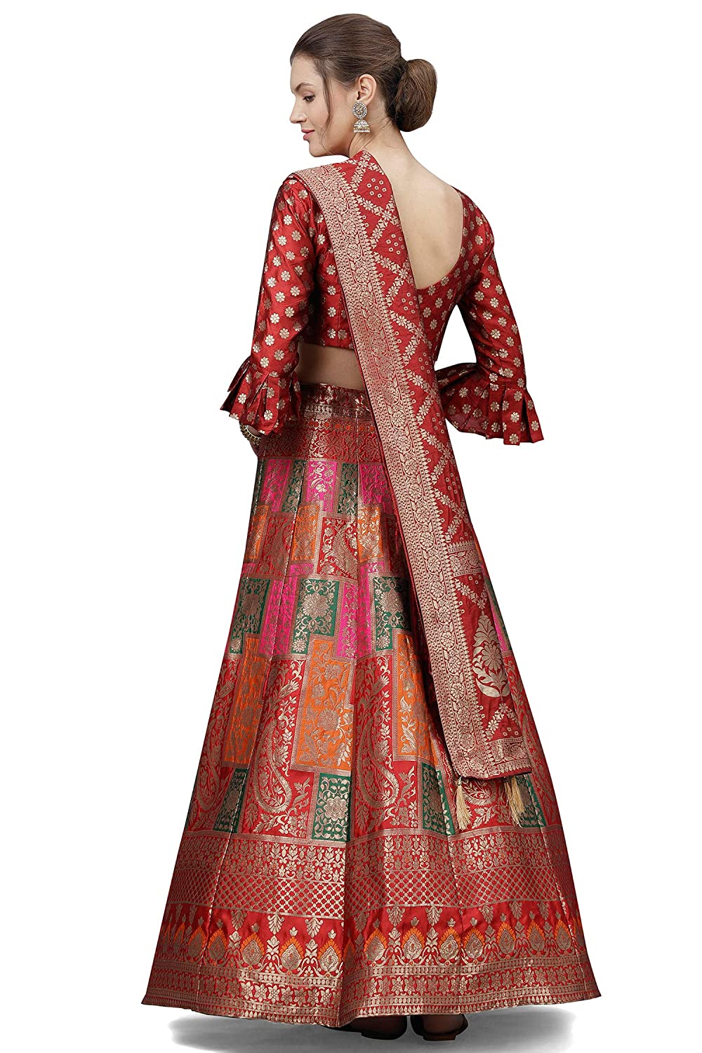 Women's Faux Silk Semi stitched Lehenga Choli (Red-Bandhani_Red_Free Size)