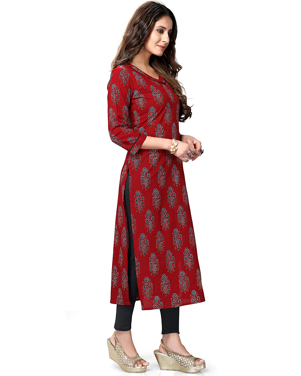 Women's Maroon Pure Cambric Cotton Jaipuri Printed Kurti
