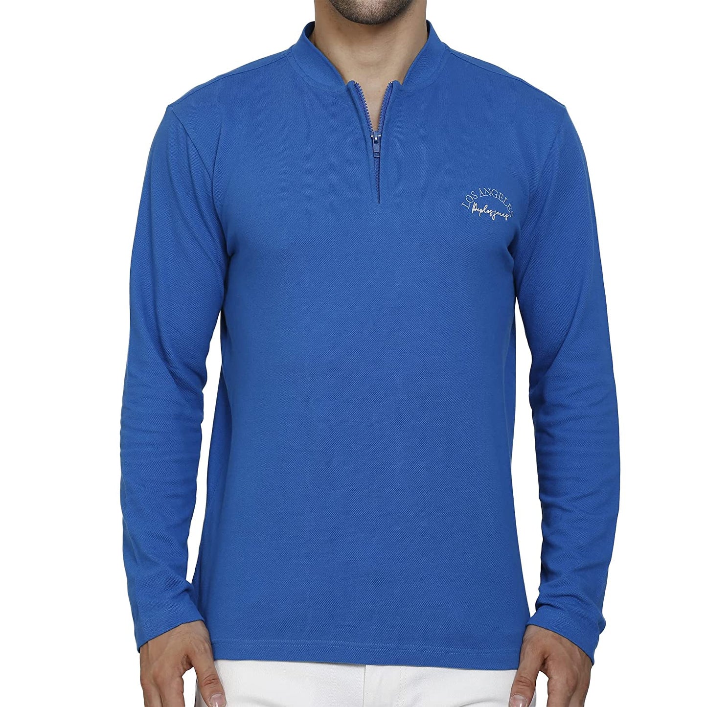 Regular Fit Blue Polo Neck with Zip Closer Premium Full Sleeve T-Shirt for Men