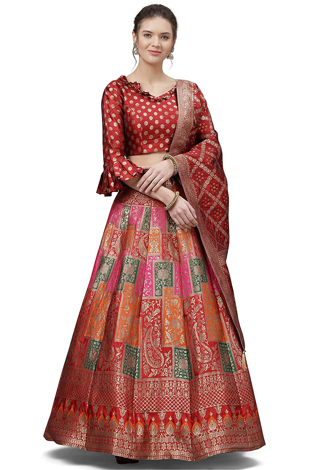 Women's Faux Silk Semi stitched Lehenga Choli (Red-Bandhani_Red_Free Size)