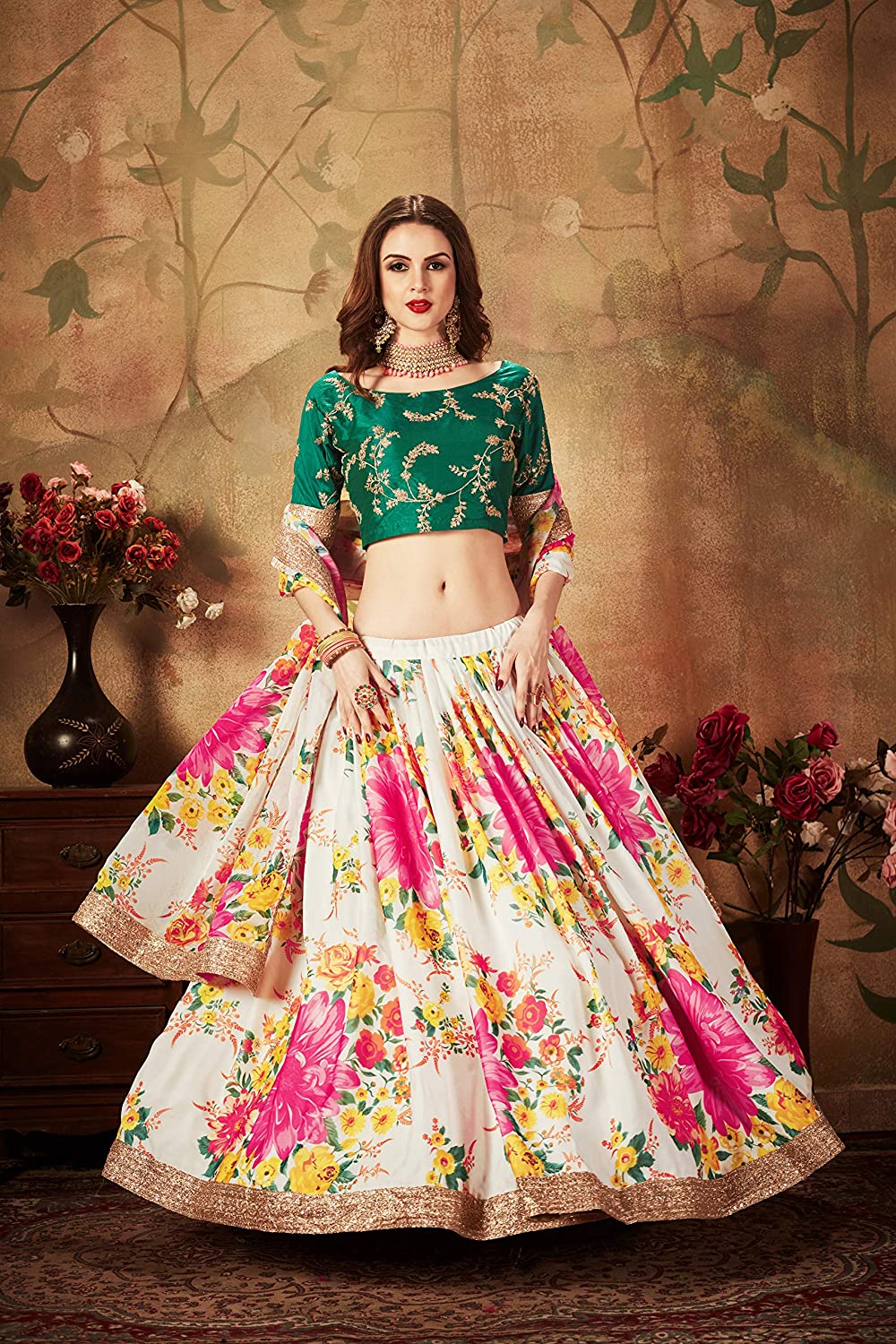 Women's Floral Organza Semi Stitched Lehenga Choli with Dupatta