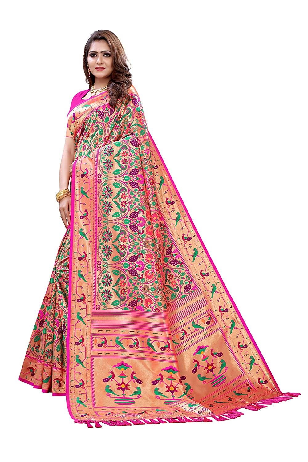 Women's Paithani Silk Saree With unstitched Blouse Piece