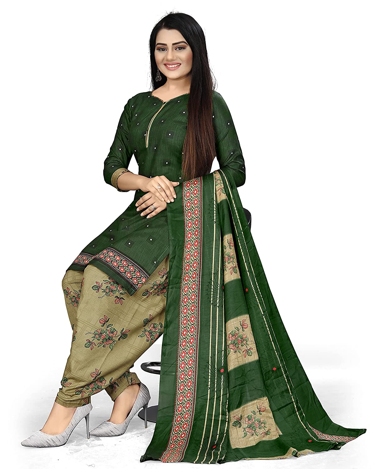 Women's Green Cotton Printed Unstitched Salwar Suit Material