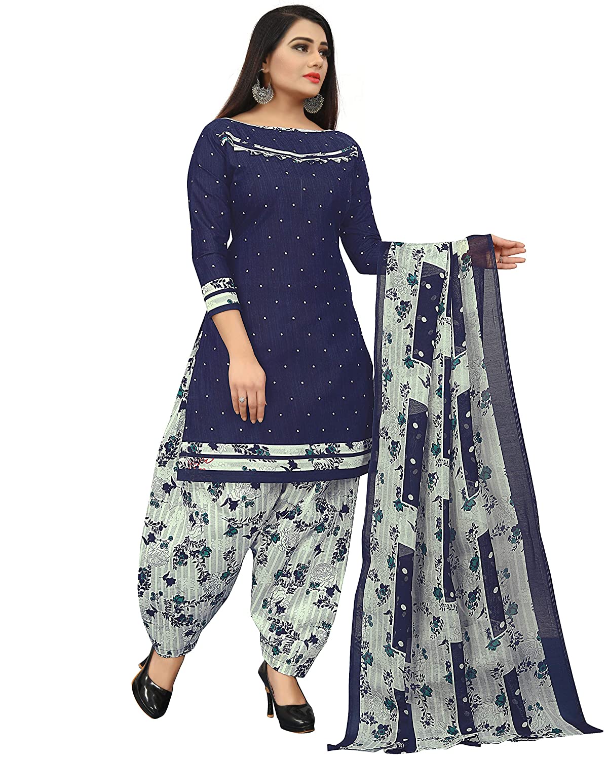 Women's Navy Blue Cotton Printed Unstitched Salwar Suit Material