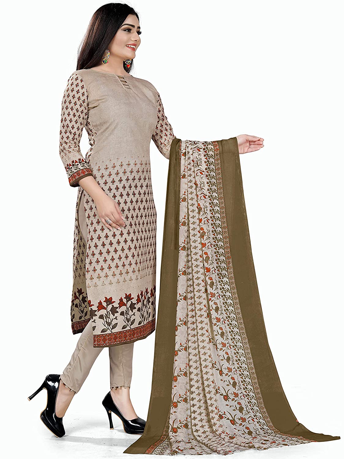 Women's Beige Cotton Printed Unstitched Salwar Suit Material