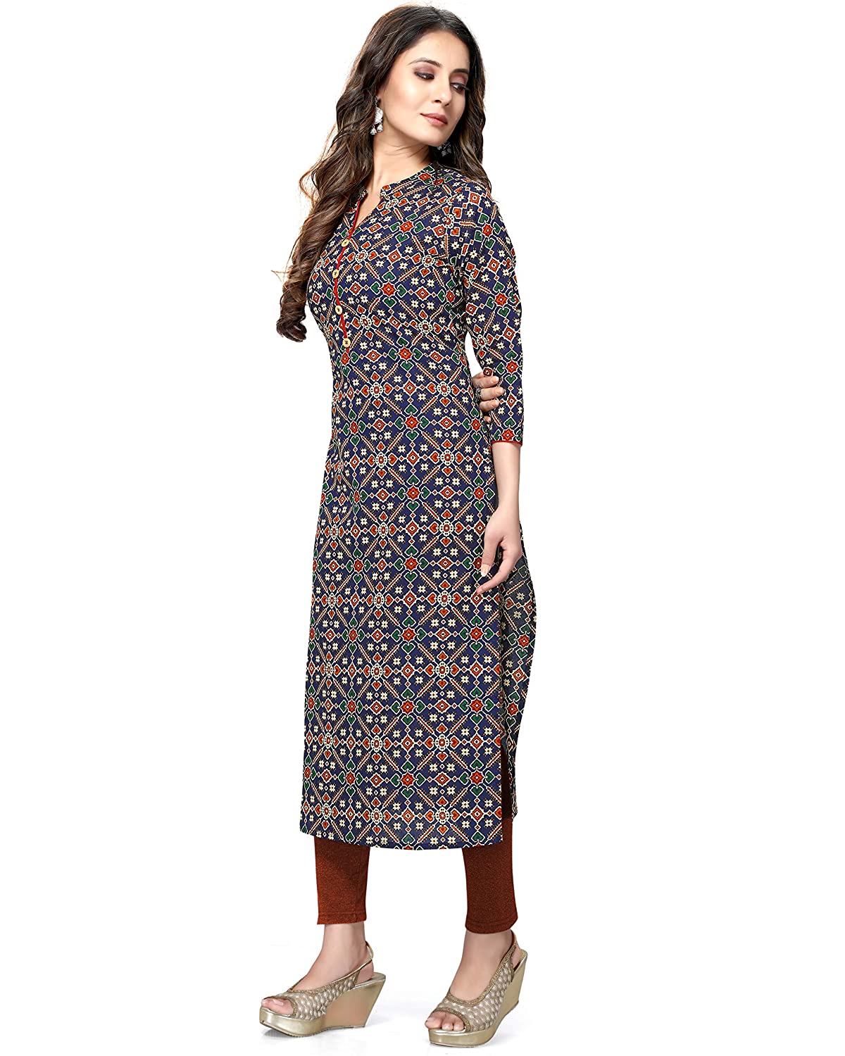 Women's Pure Cotton Jaipuri Printed Straight Kurti (Ready to Wear; Navy Blue and Red