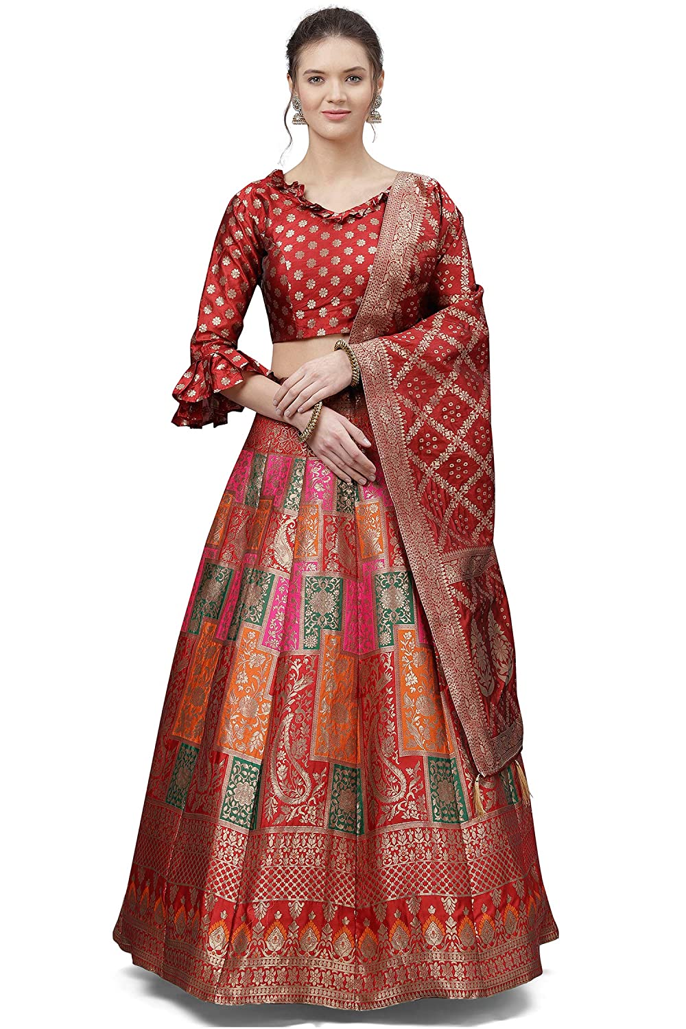Women's Faux Silk Semi stitched Lehenga Choli (Red-Bandhani_Red_Free Size)