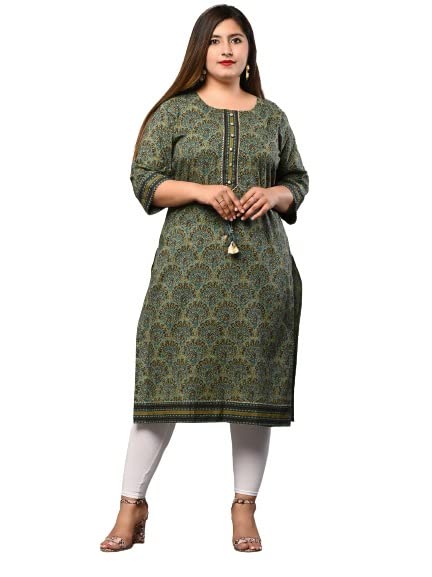 Women Pure Cotton Floral Print Plus Size Straight Kurti (Green)