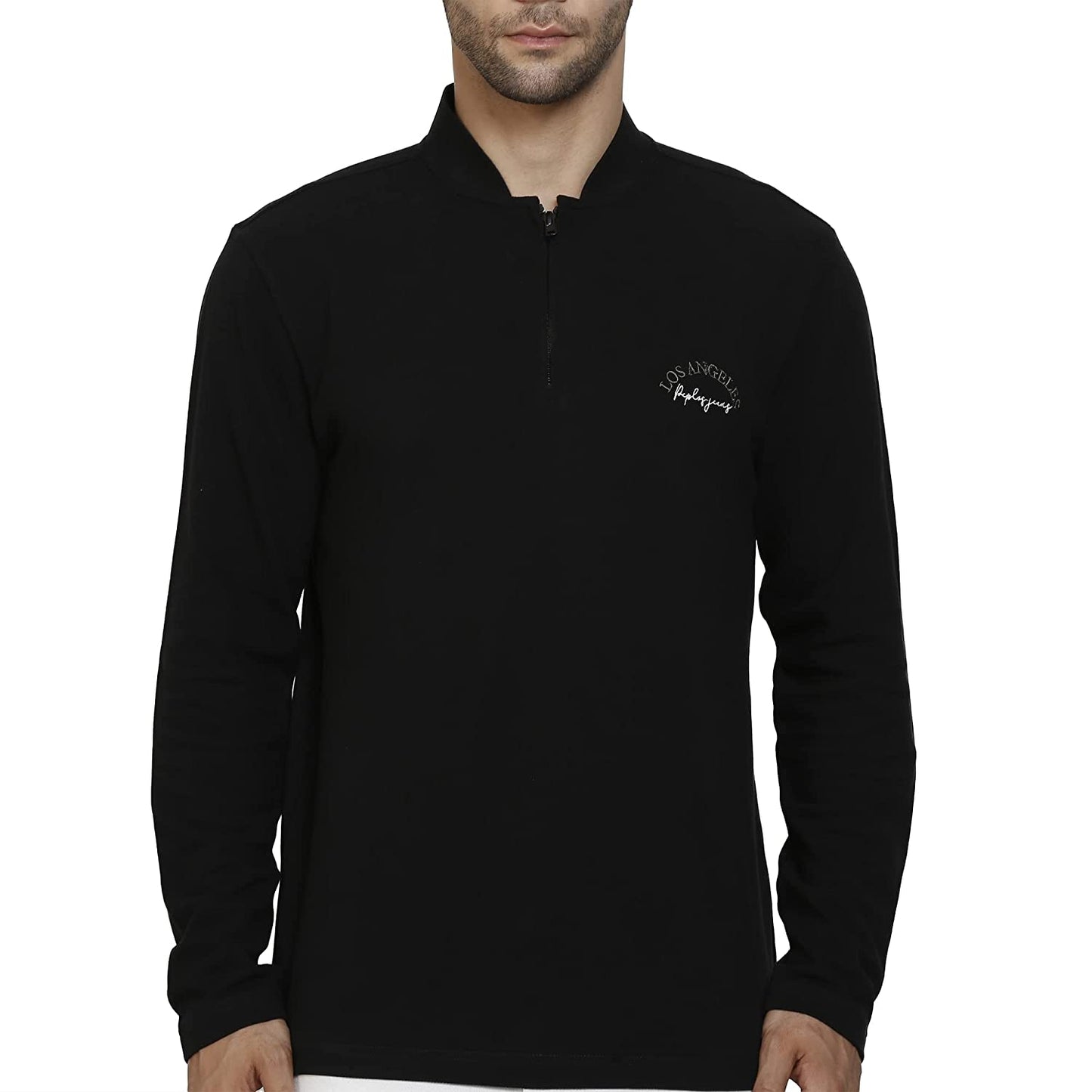 Regular Fit Black Polo Neck with Zip Closer Premium Full Sleeve T-Shirt for Men