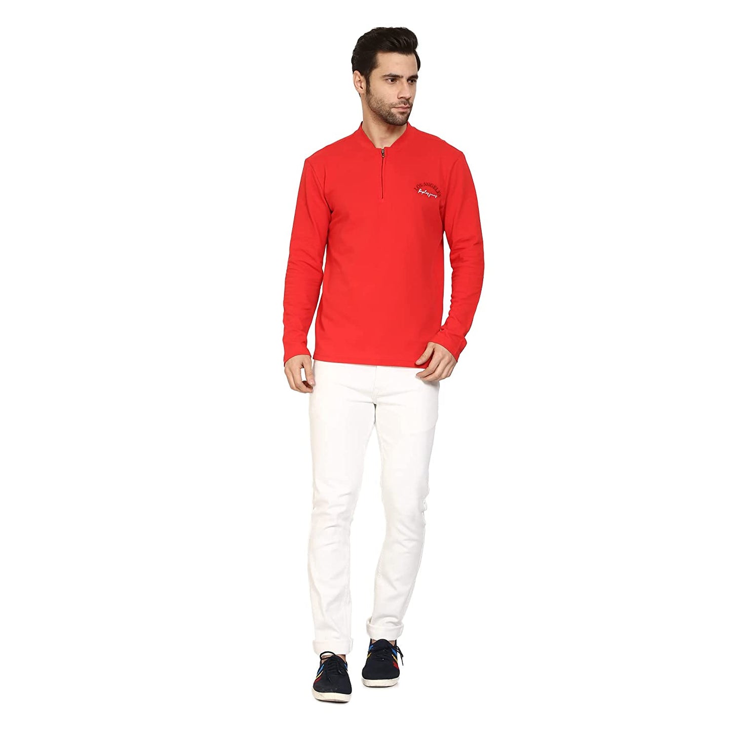 Regular Fit Red Polo Neck with Zip Closer Premium Full Sleeve T-Shirt for Men
