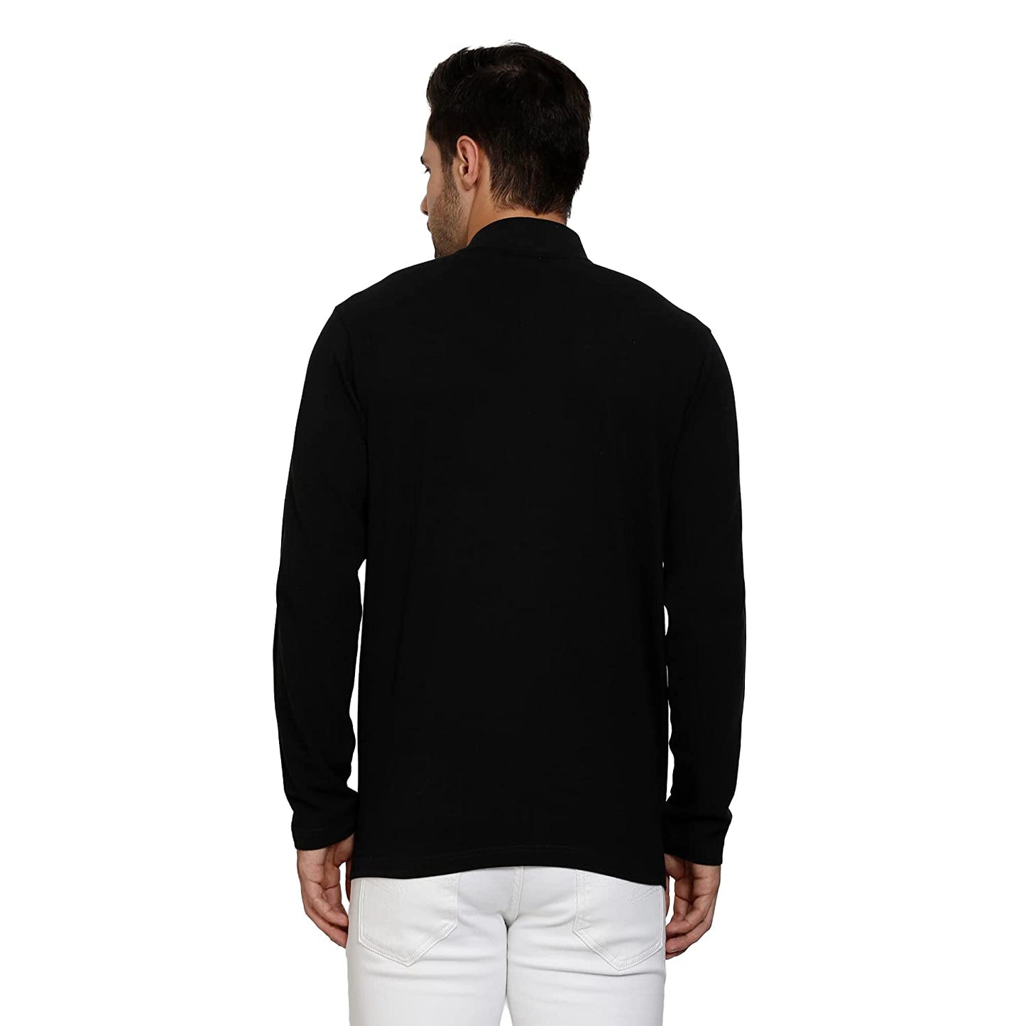 Regular Fit Black Polo Neck with Zip Closer Premium Full Sleeve T-Shirt for Men