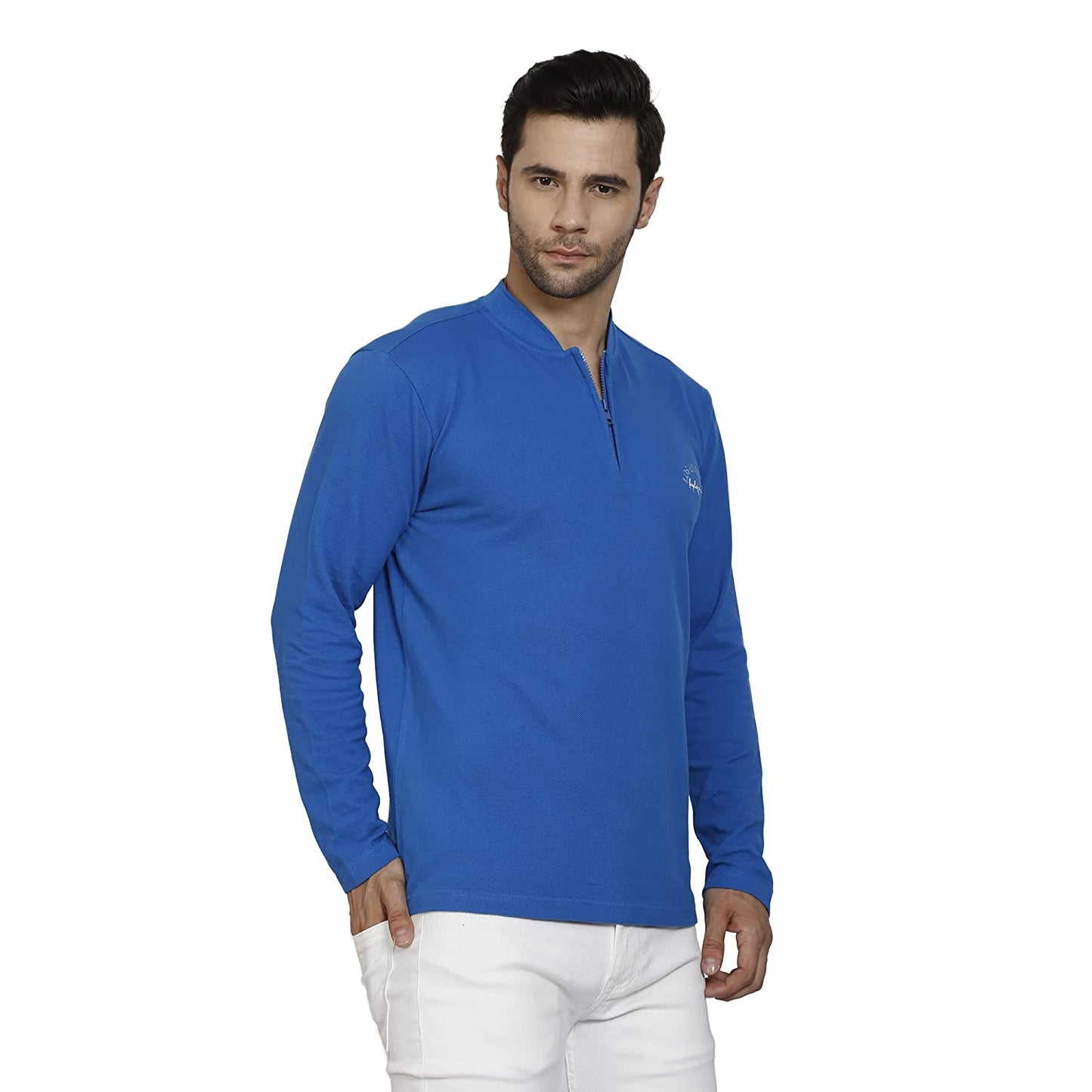 Regular Fit Blue Polo Neck with Zip Closer Premium Full Sleeve T-Shirt for Men