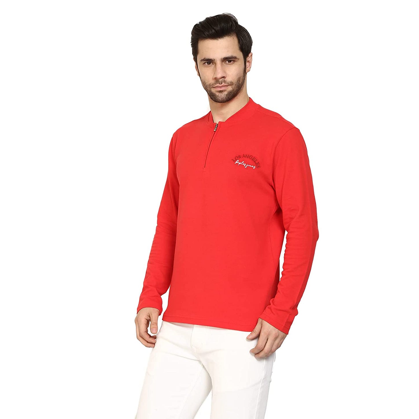 Regular Fit Red Polo Neck with Zip Closer Premium Full Sleeve T-Shirt for Men