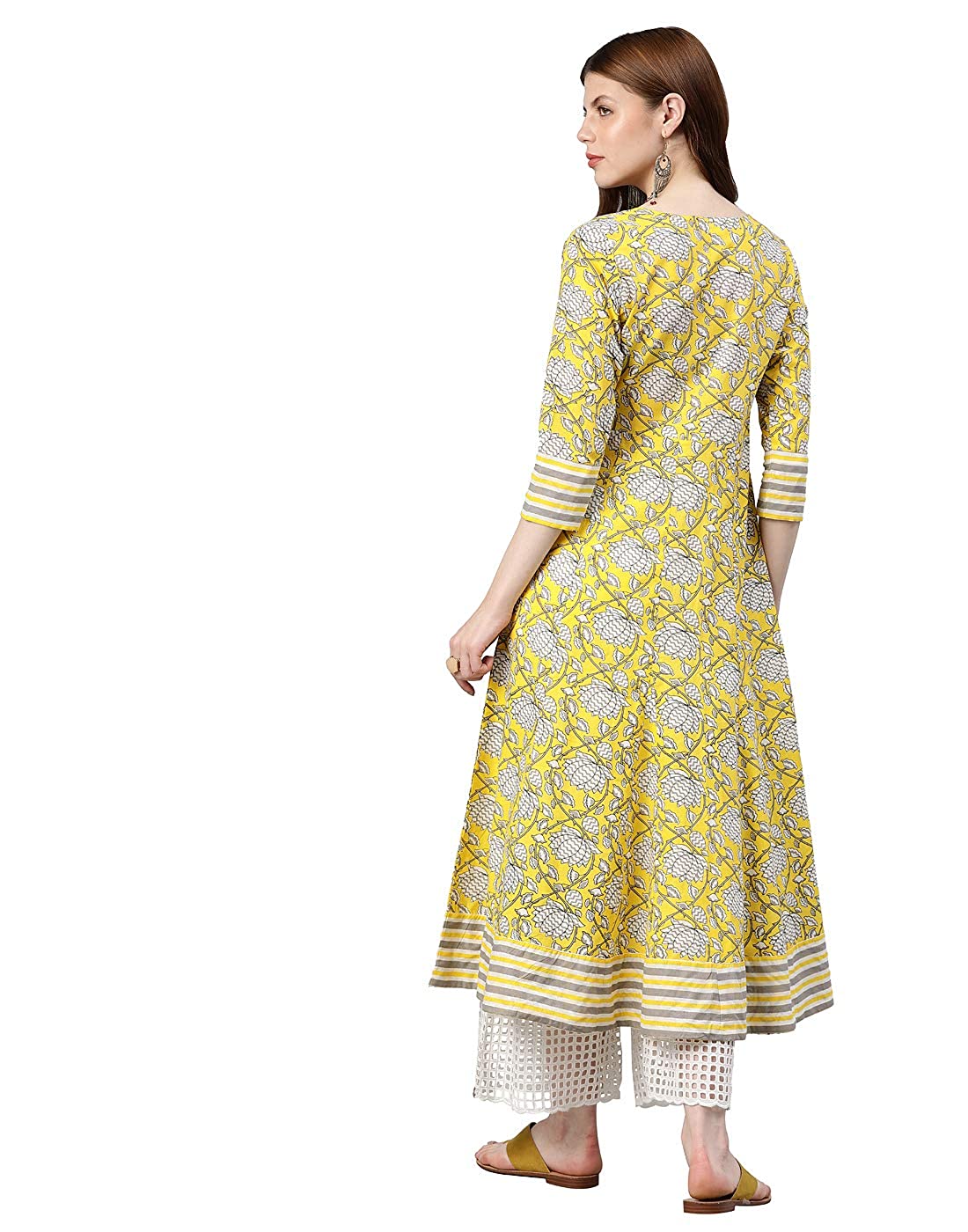 Women's Cambric Cotton Floral Printed Anarkali Kurta (Lemon Yellow)