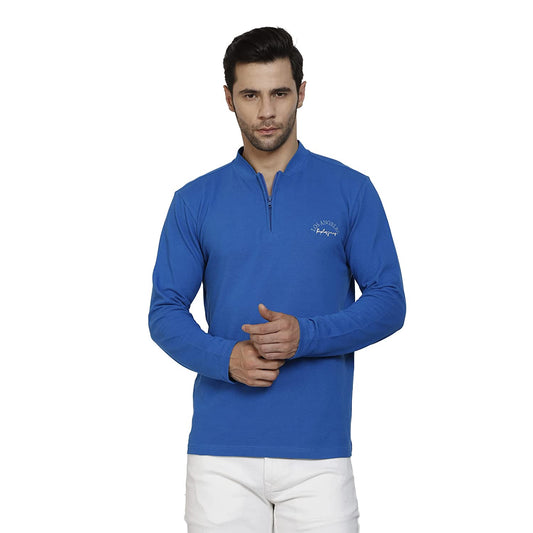 Regular Fit Blue Polo Neck with Zip Closer Premium Full Sleeve T-Shirt for Men