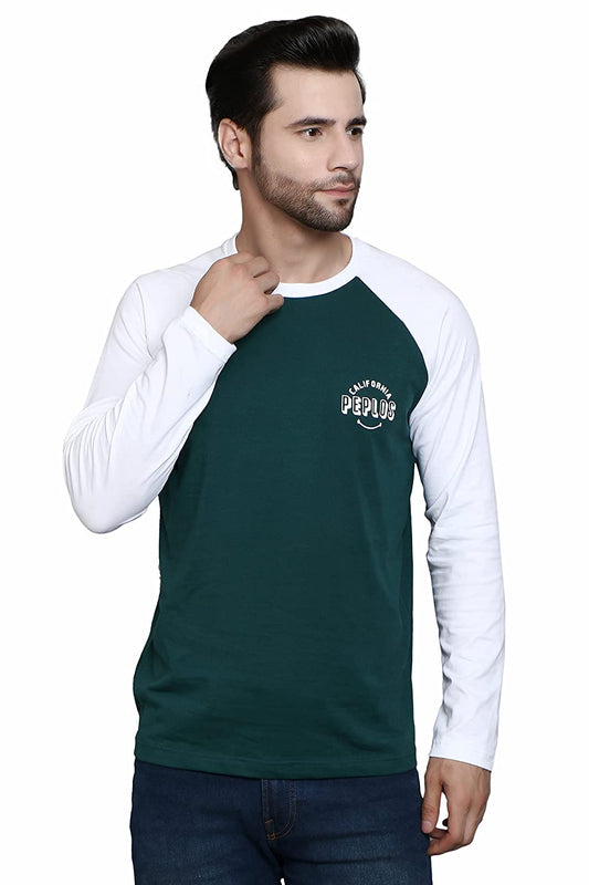 Regular Fit Green White Color Raglan Full Sleeve Premium Class Cotton T-Shirt for Men