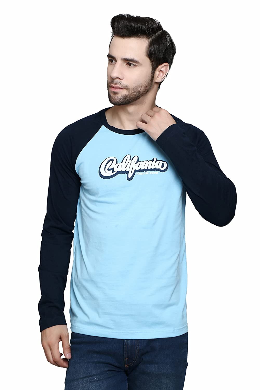 Regular Fit Sky + Navy Blue Color Raglan Full Sleeve Premium Class Cotton T-Shirt for Men
