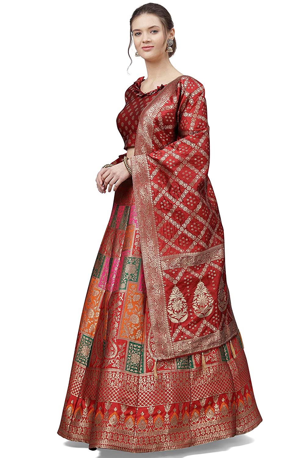 Women's Faux Silk Semi stitched Lehenga Choli (Red-Bandhani_Red_Free Size)