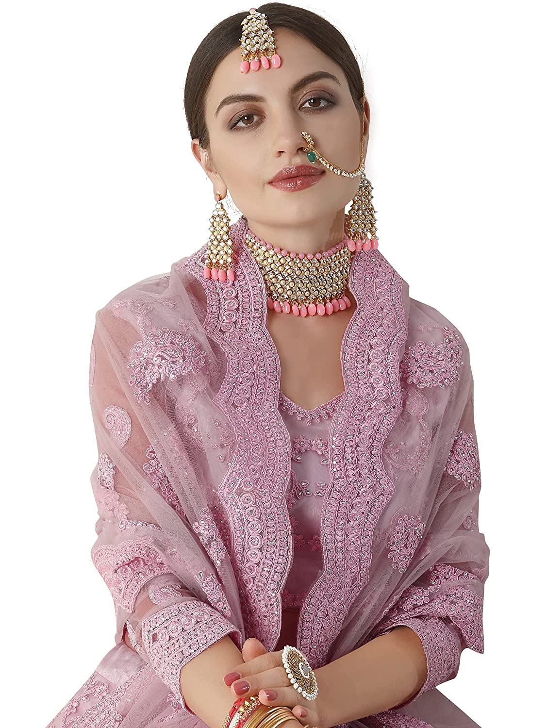 Women's Chain Stitch Semi Stitched Net Lehenga Choli (Rose Pink-Free Size)