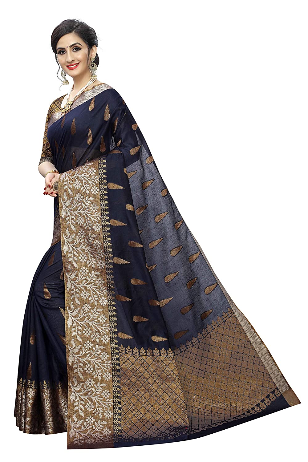 Women's Kanjivaram style Banarasi Cotton Silk Saree With Blouse Piece(Navy Blue)