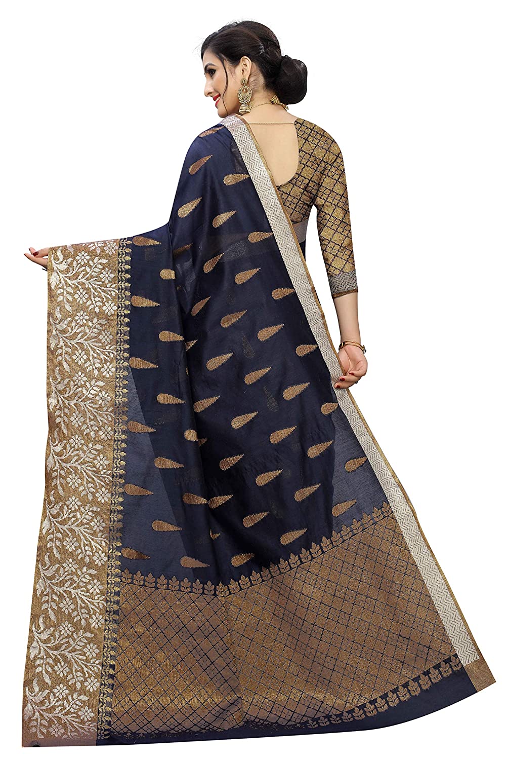 Women's Kanjivaram style Banarasi Cotton Silk Saree With Blouse Piece(Navy Blue)