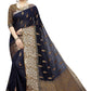 Women's Kanjivaram style Banarasi Cotton Silk Saree With Blouse Piece(Navy Blue)