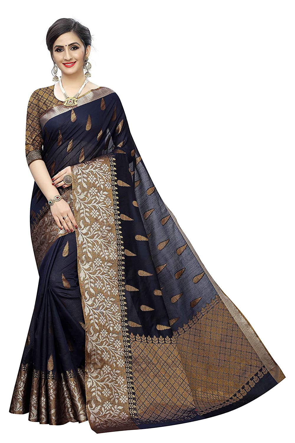 Women's Kanjivaram style Banarasi Cotton Silk Saree With Blouse Piece(Navy Blue)