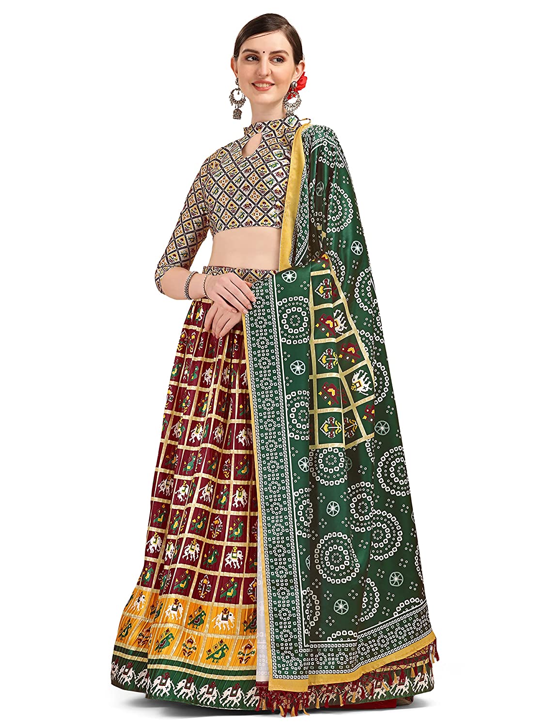 Women's Maroon Color Satin Digital Print Crush Designer Semi-Stitched Lehenga Choli Set | Satin Digital Print Crush Designer Lehenga Choli | Printed Lehenga Design |